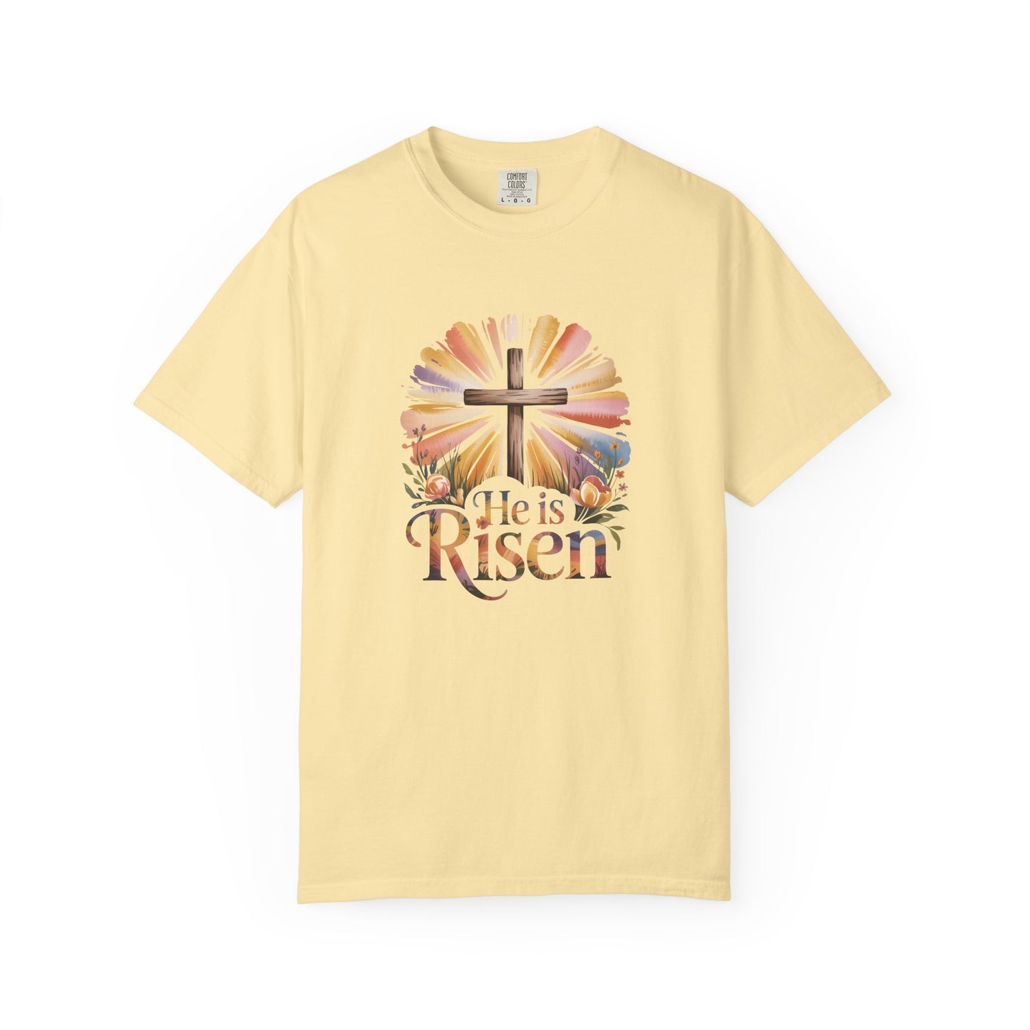 He Is Risen cross sunrise design T-Shirt | Easter faith floral