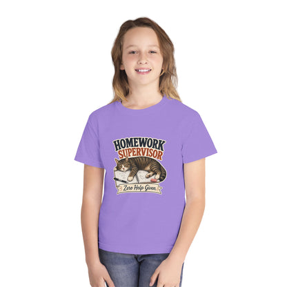 Homework Supervisor Cat Youth Tee | "Zero Help Given" retro kitten design