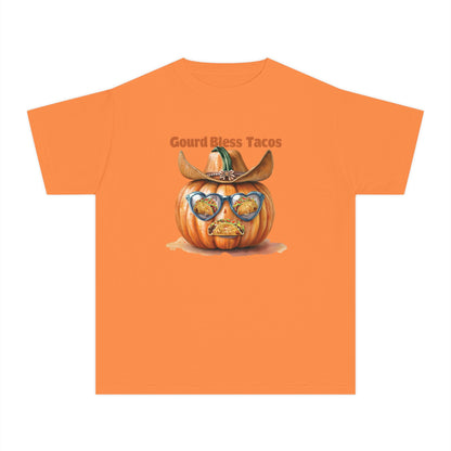 Whimsical Fall Youth Tee - Gourd Bless Tacos, Halloween Shirt, Kids Autumn Apparel, Thanksgiving Humor Top, Funny Seasonal Gift