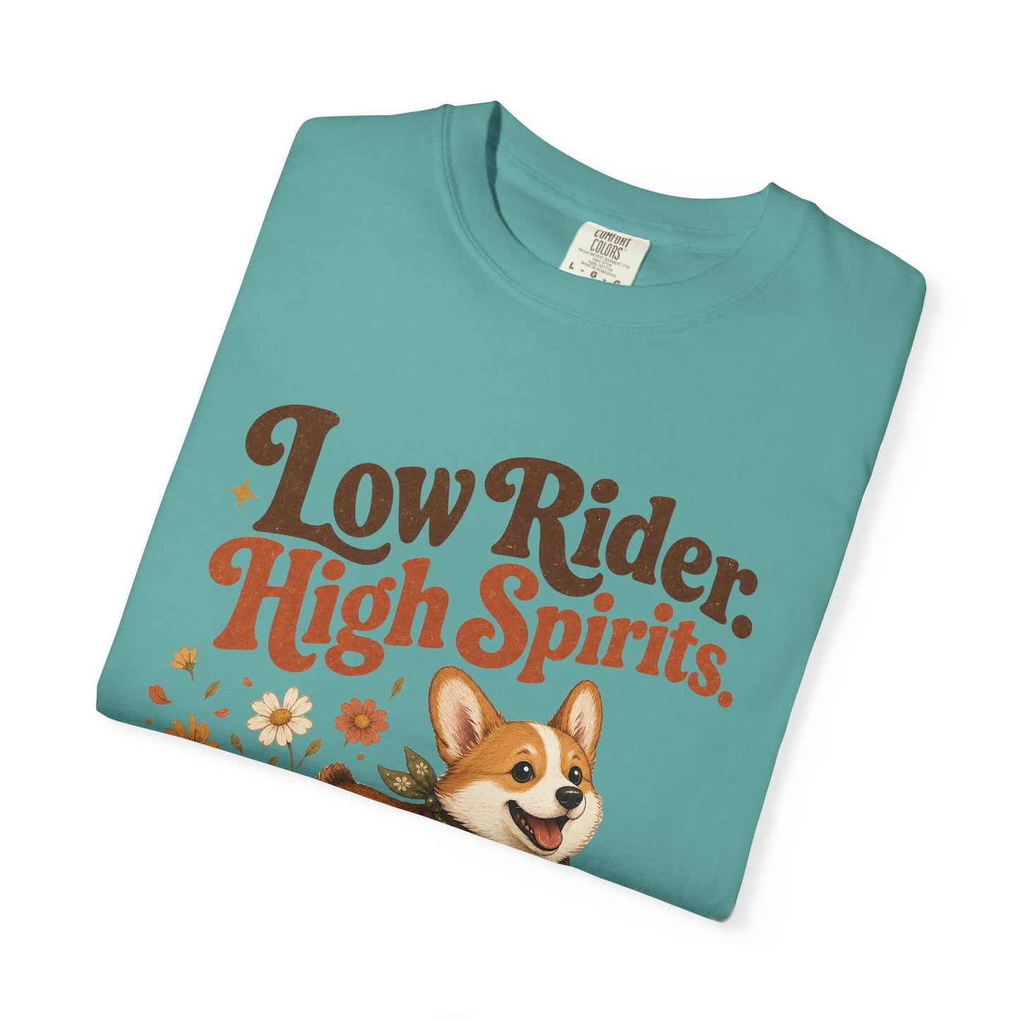 Low Rider High Spirits Corgi T-Shirt | Running Corgi Illustration, Autumn Leaves