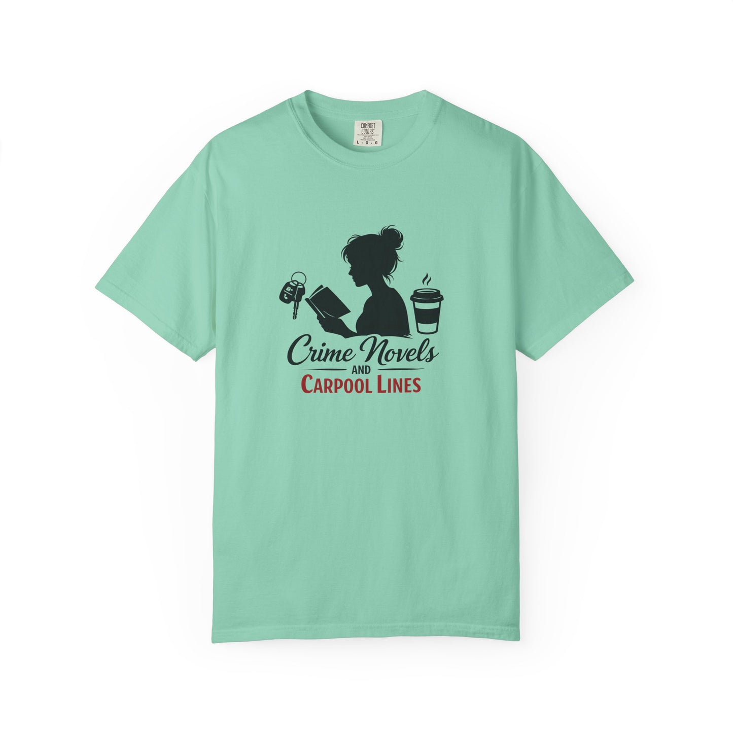 Crime Novels and Carpool Lines T-shirt | Reading Mom Silhouette, Coffee Graphic