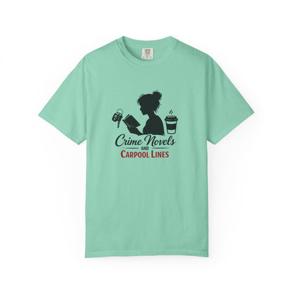 Crime Novels and Carpool Lines T-shirt | Reading Mom Silhouette, Coffee Graphic