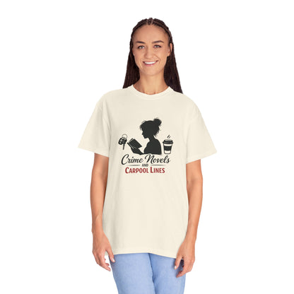 Crime Novels and Carpool Lines T-shirt | Reading Mom Silhouette, Coffee Graphic