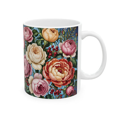 Vintage Rose Floral Pattern Mug | Ceramic Coffee Cup, Botanical Peonies