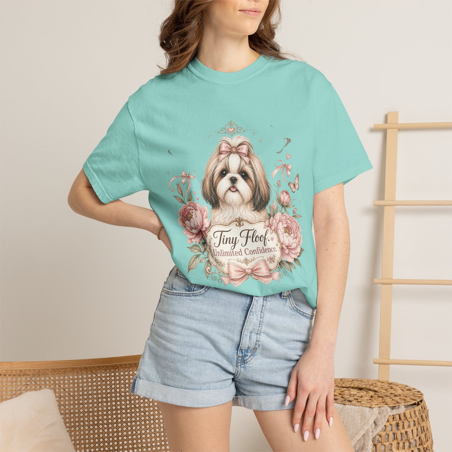 Shih Tzu Floral Portrait T-Shirt | Tiny Floof Illustration, Pink Roses