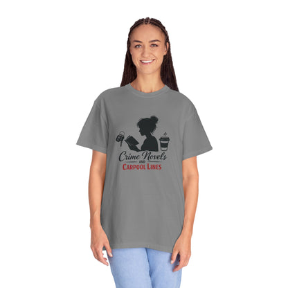 Crime Novels and Carpool Lines T-shirt | Reading Mom Silhouette, Coffee Graphic
