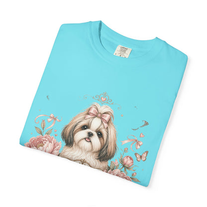 Shih Tzu Floral Portrait T-Shirt | Tiny Floof Illustration, Pink Roses