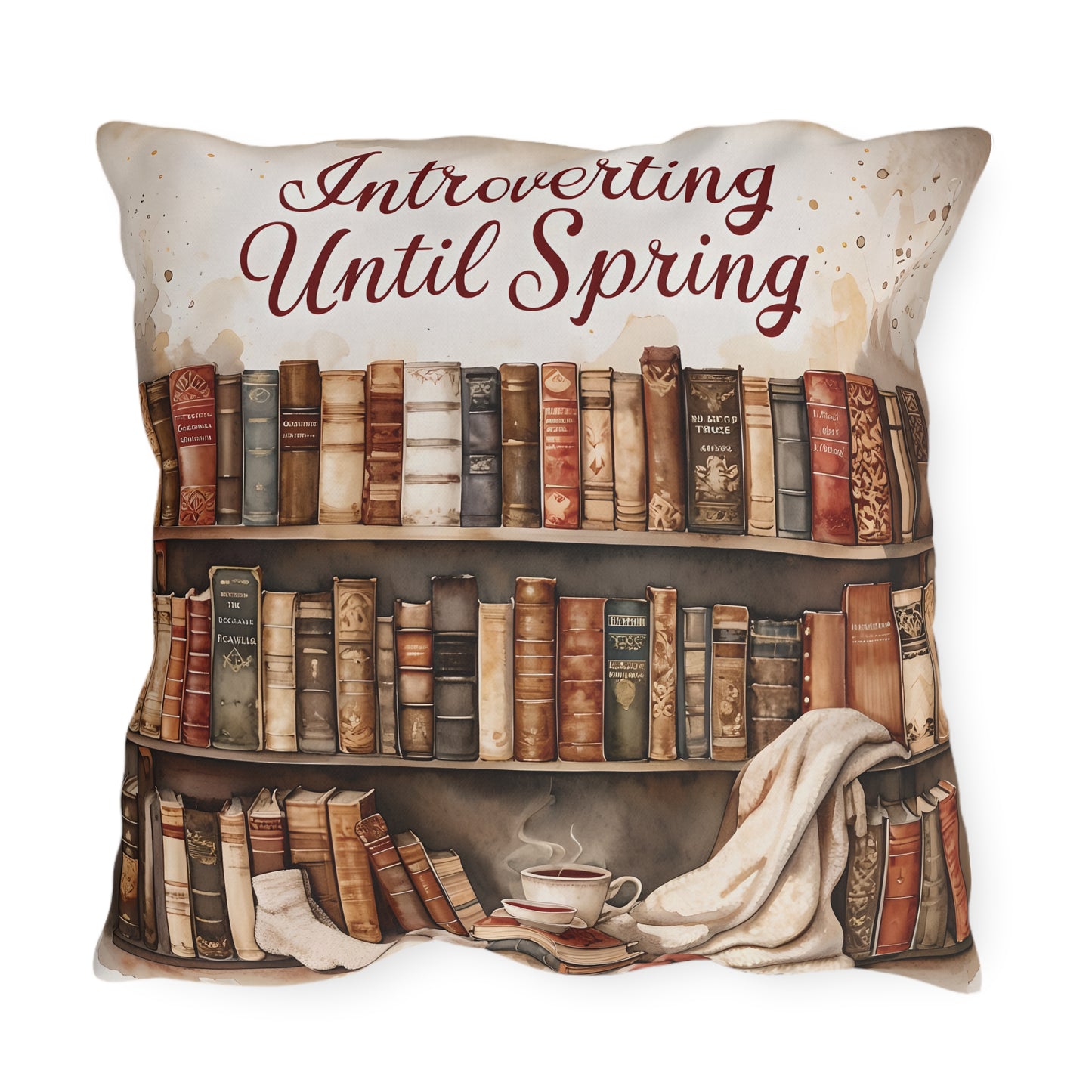 Introverting Until Spring Outdoor Pillow | Bookish Library Design, Cozy Reading Decor