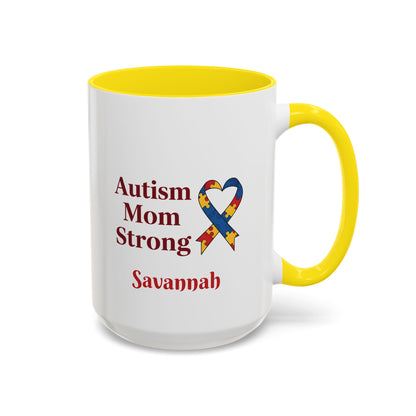 Autism Mom Strong mug | Accent Coffee Mug with Puzzle Ribbon