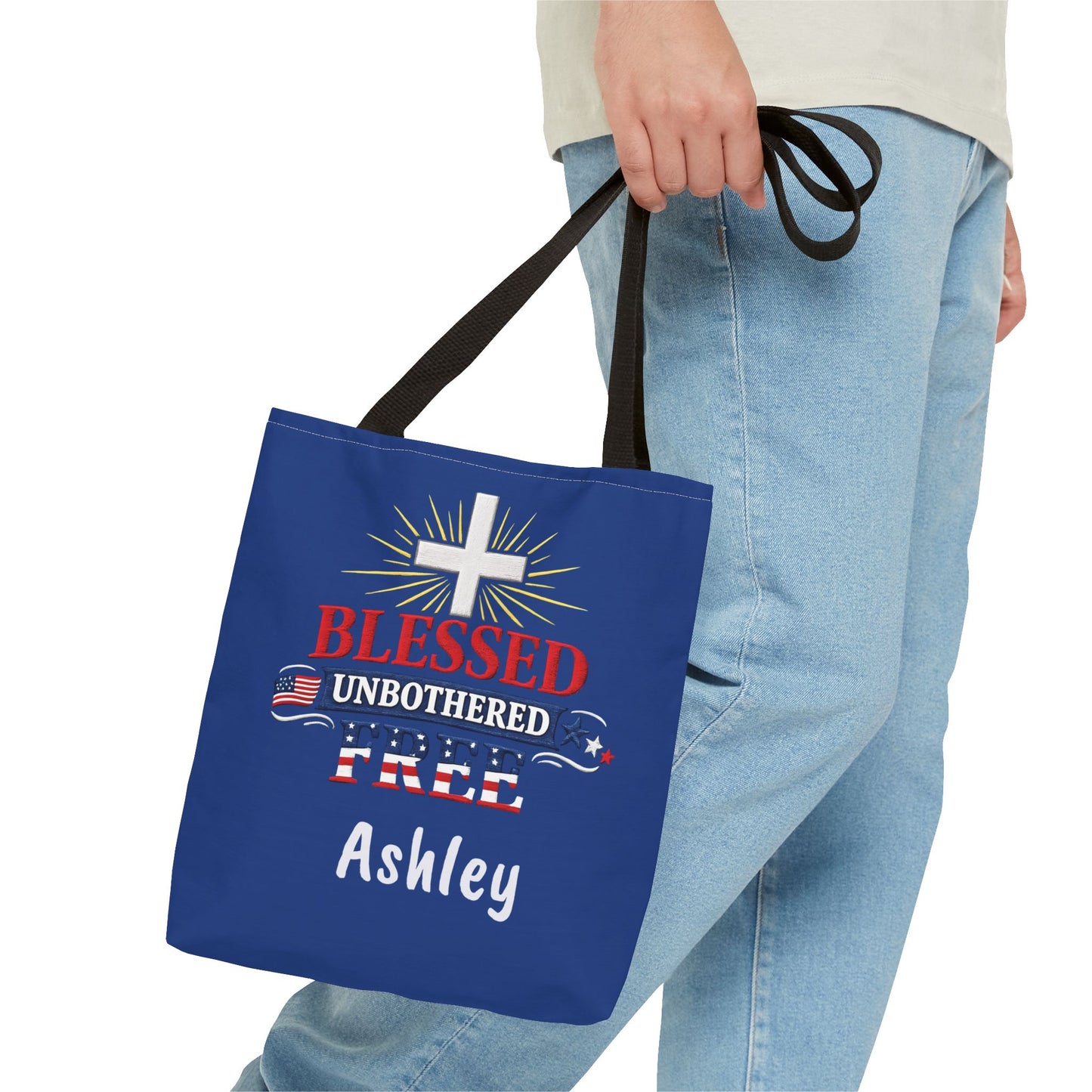 Blessed Unbothered Free Cross tote bag | patriotic faith design
