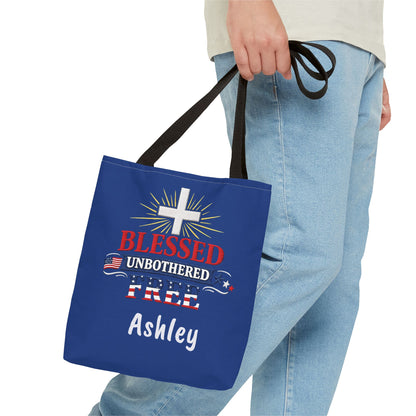 Blessed Unbothered Free Cross tote bag | patriotic faith design