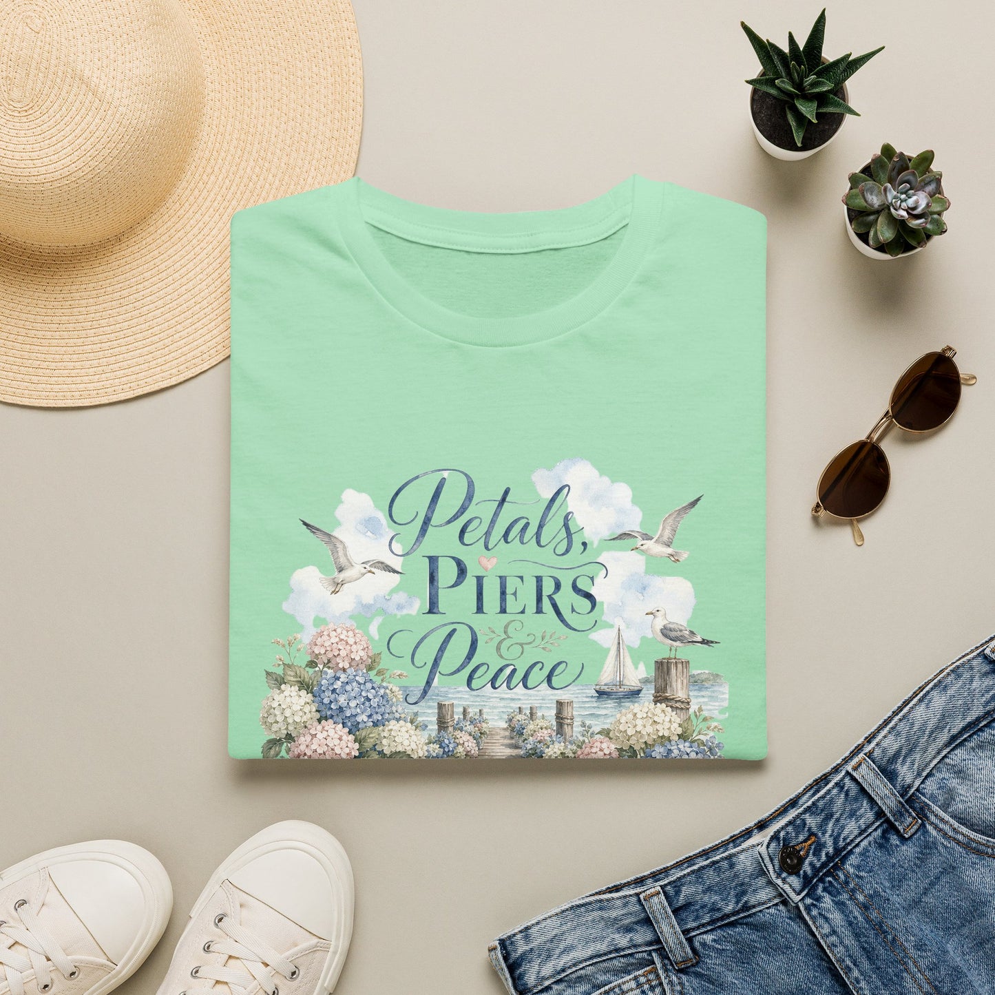 Petals Piers Peace T-Shirt | Coastal Lighthouse Floral Seagulls Design