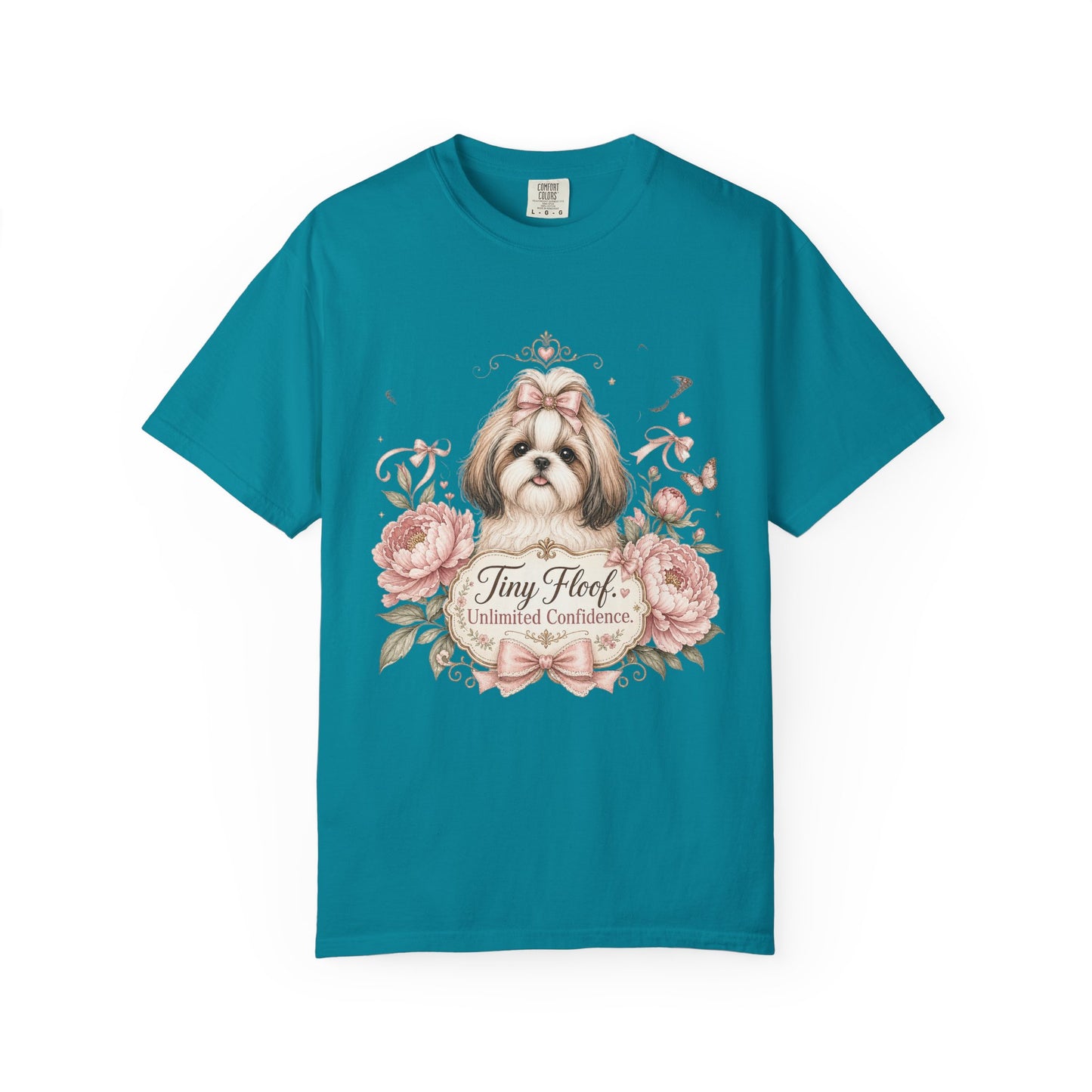 Shih Tzu Floral Portrait T-Shirt | Tiny Floof Illustration, Pink Roses