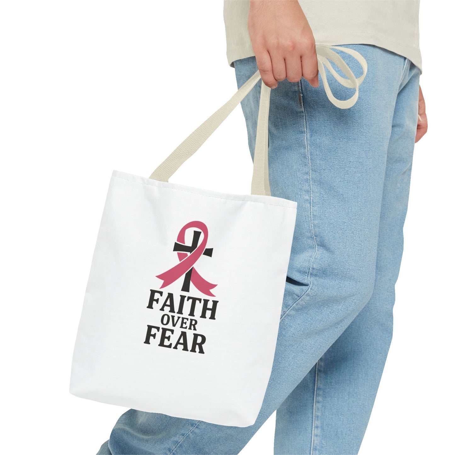 Faith Over Fear Tote Bag, Inspirational Gift for Cancer Awareness, Motivational Tote, Breast Cancer Support, Daily Use Bag