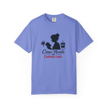 Crime Novels and Carpool Lines T-shirt | Reading Mom Silhouette, Coffee Graphic