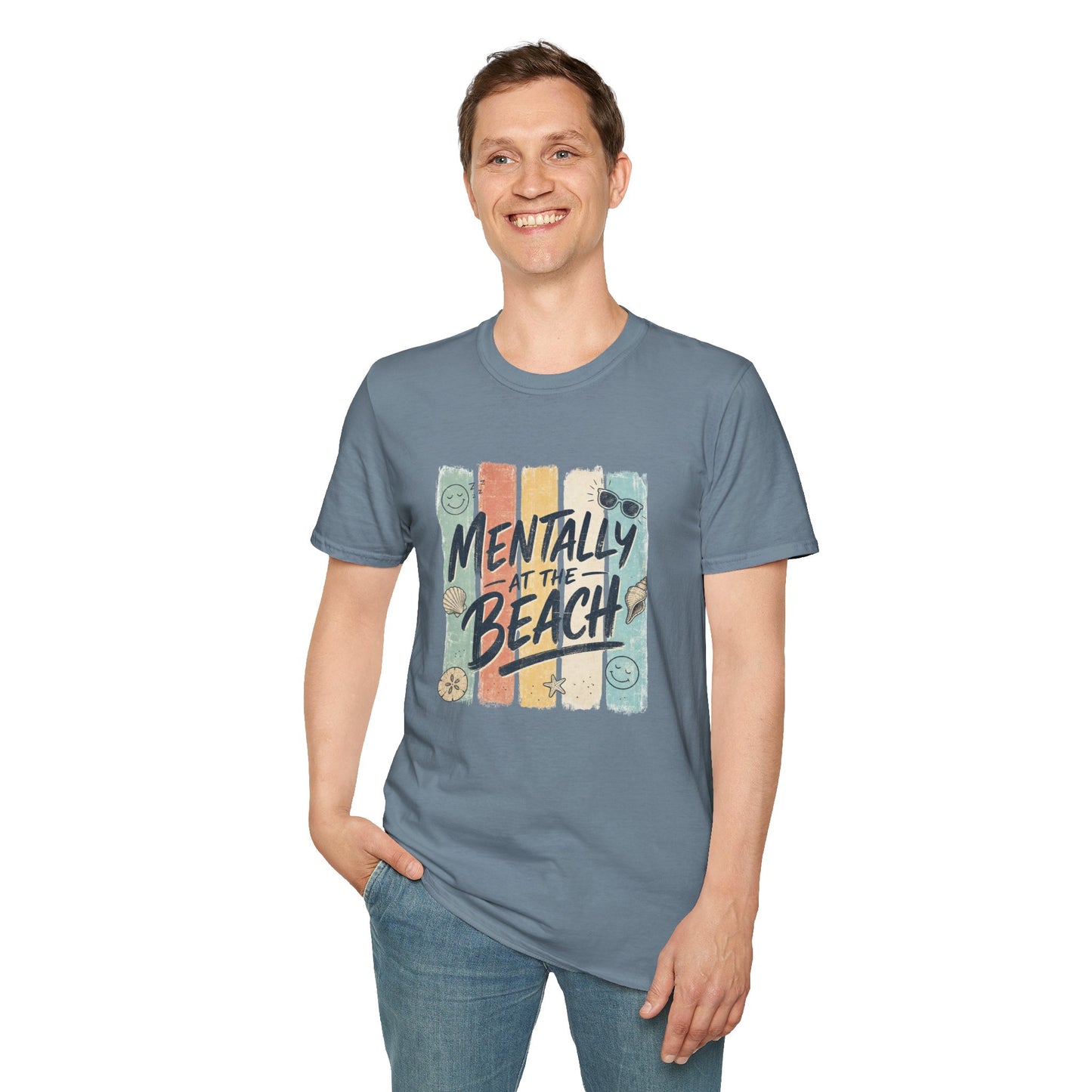 Mentally at the Beach T-Shirt | Retro Stripes, Sunglasses & Seashells