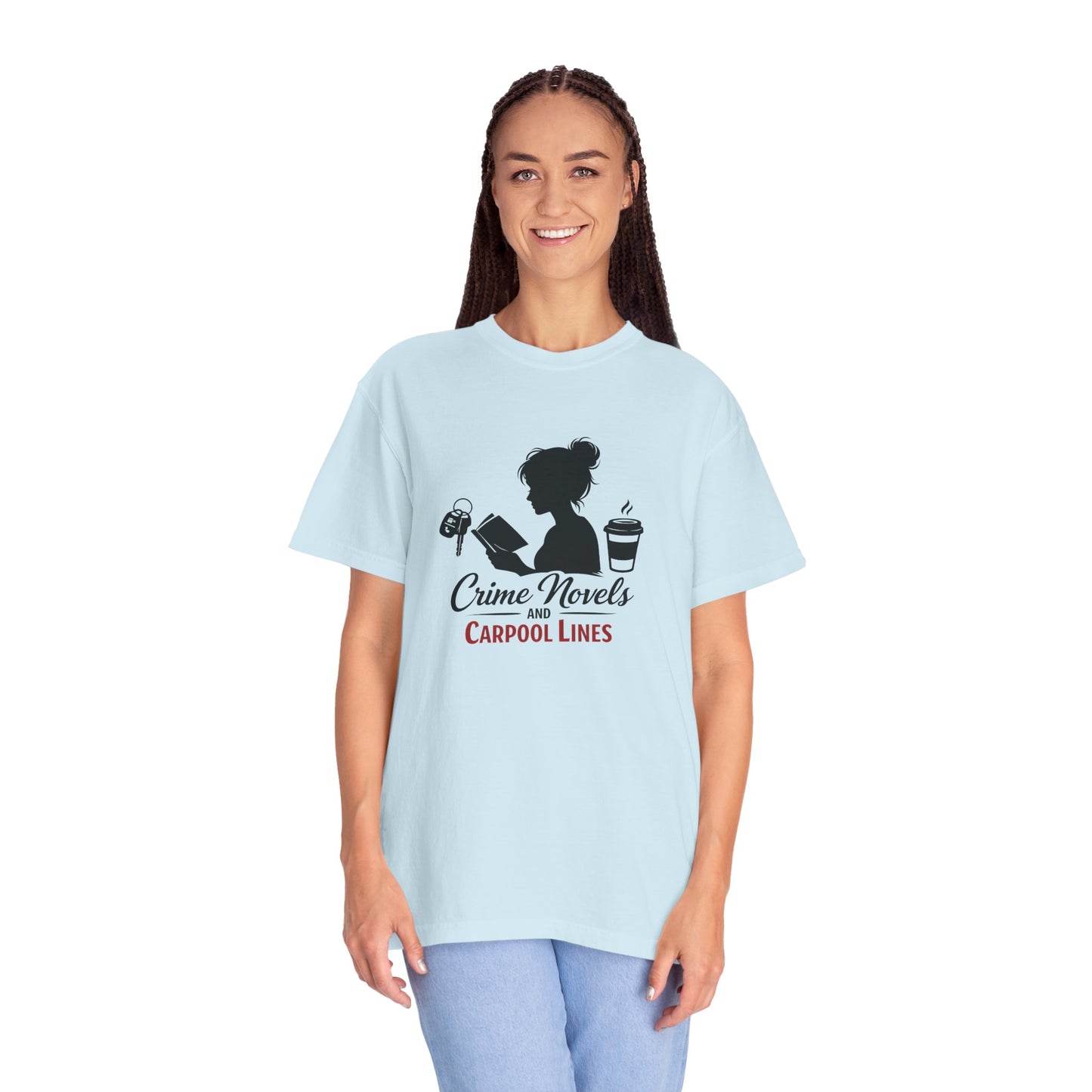 Crime Novels and Carpool Lines T-shirt | Reading Mom Silhouette, Coffee Graphic