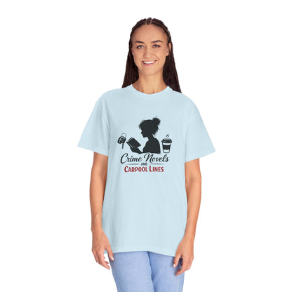 Crime Novels and Carpool Lines T-shirt | Reading Mom Silhouette, Coffee Graphic