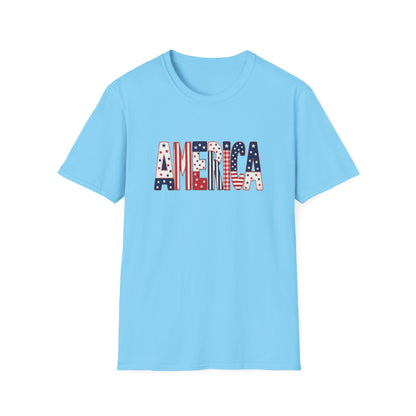 American Flag Patchwork Style Letters T-Shirt | Patriotic Fourth of July Tee