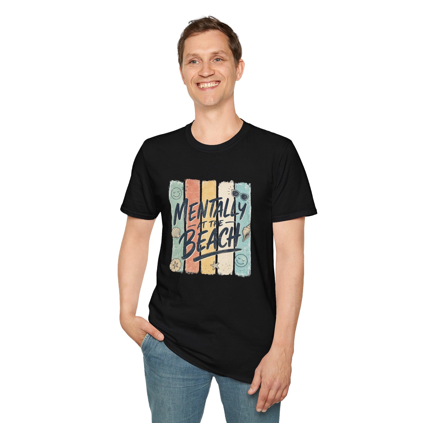 Mentally at the Beach T-Shirt | Retro Stripes, Sunglasses & Seashells
