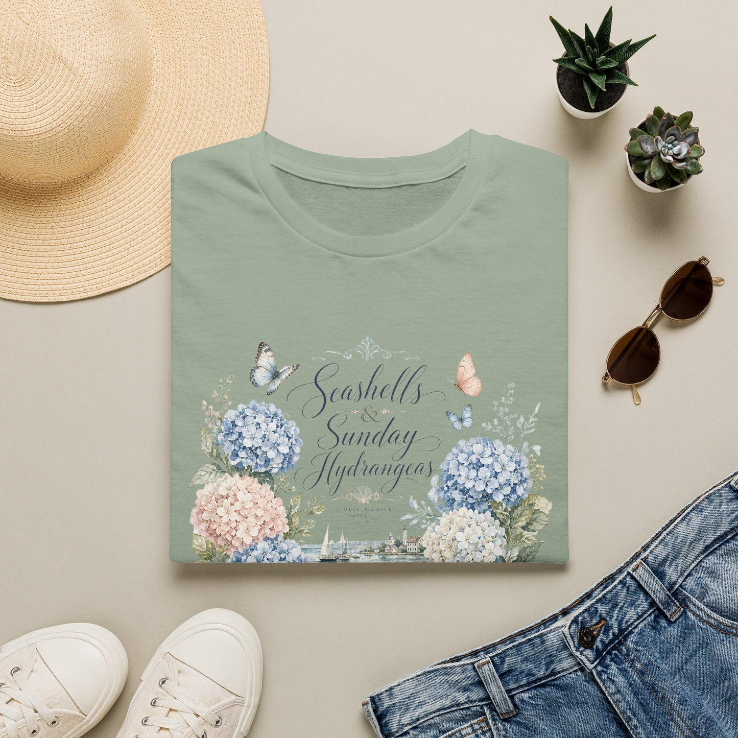 Seashells & Sunday Hydrangeas T-Shirt | Floral Coastal Cottage Shirt