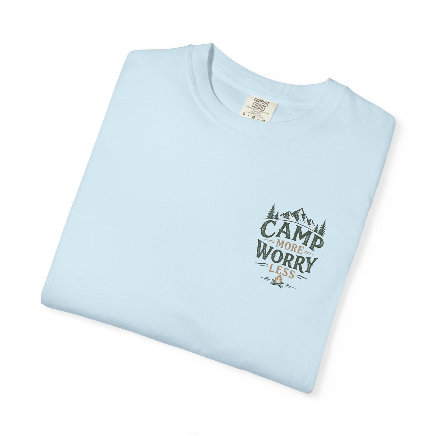 Camp More Worry Less T-shirt | Camping Mountains Pine Trees Design