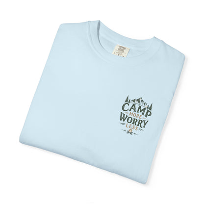 Camp More Worry Less T-shirt | Camping Mountains Pine Trees Design