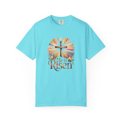 He Is Risen cross sunrise design T-Shirt | Easter faith floral