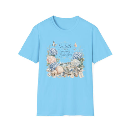 Seashells & Sunday Hydrangeas T-Shirt | Floral Coastal Cottage Shirt