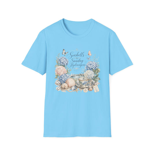 Seashells & Sunday Hydrangeas T-Shirt | Floral Coastal Cottage Shirt