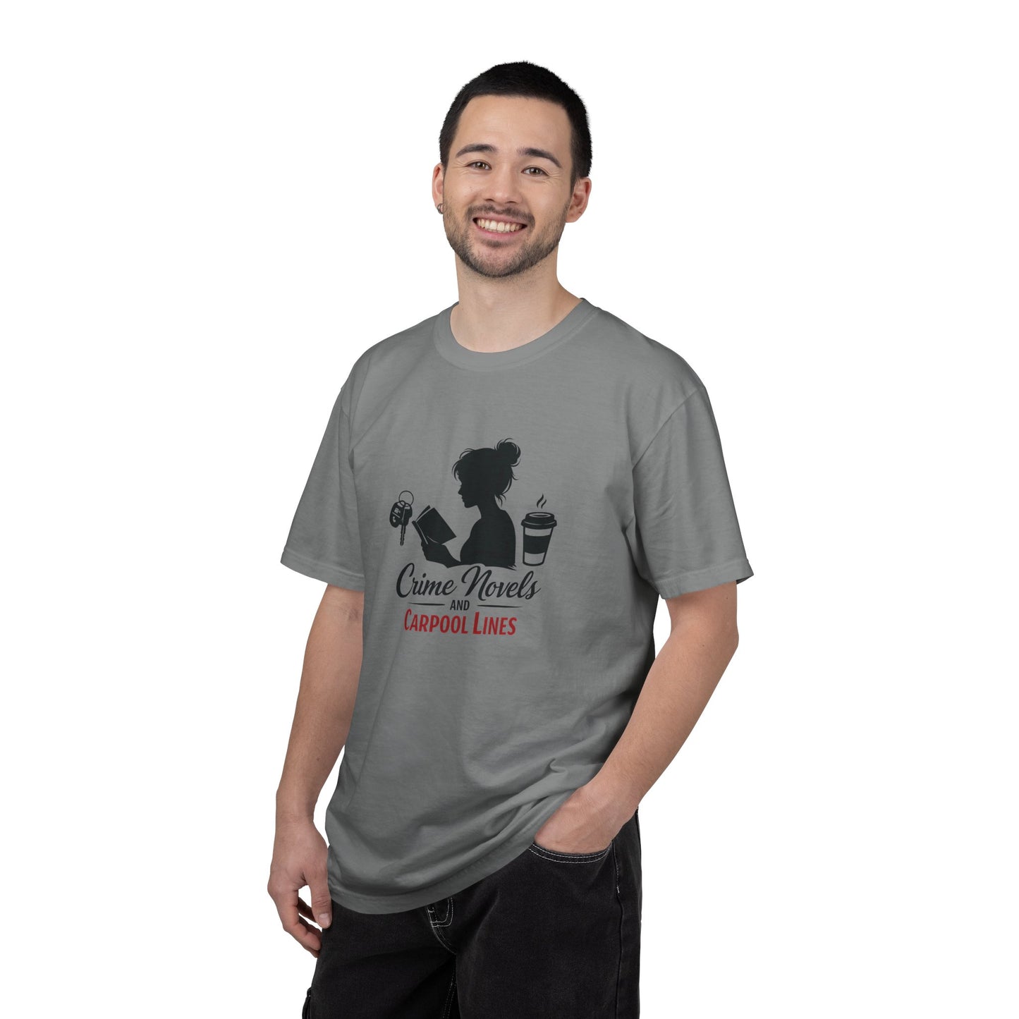 Crime Novels and Carpool Lines T-shirt | Reading Mom Silhouette, Coffee Graphic