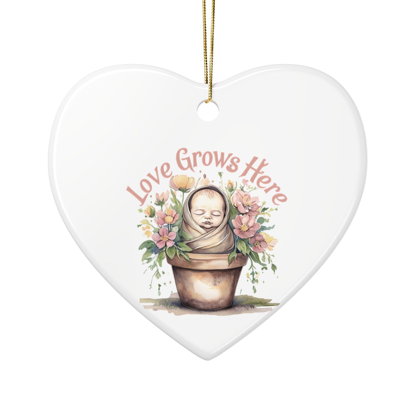 Love Grows Here Ceramic Ornaments, 2-Sided Print, Nursery Decor, Baby Shower Gift, Holiday Ornament, Floral Keepsake
