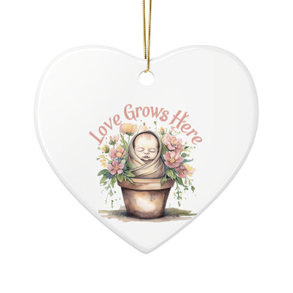 Love Grows Here Ceramic Ornaments, 2-Sided Print, Nursery Decor, Baby Shower Gift, Holiday Ornament, Floral Keepsake