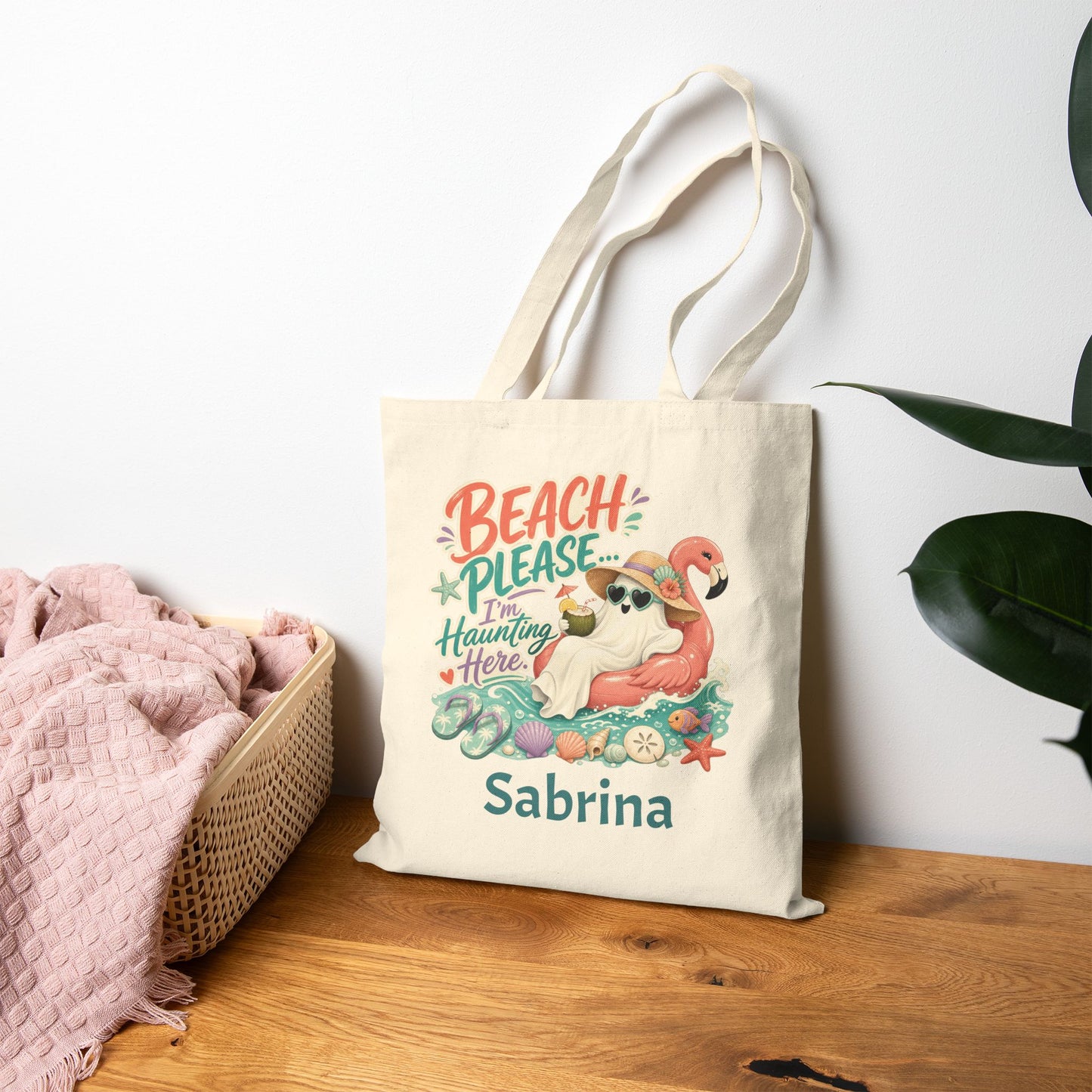 Beach Please Ghost Flamingo Tote Bag | Summer Beach Illustration, Personalized Option