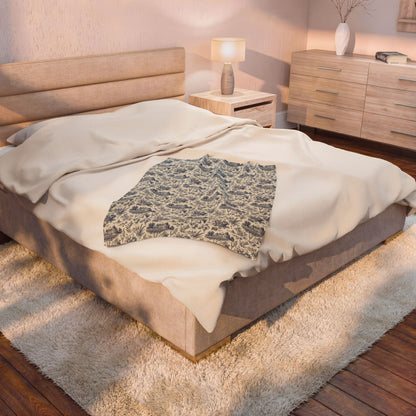 French Harvest Toile Landscape Velveteen Plush Blanket | Vintage Cottage Pattern