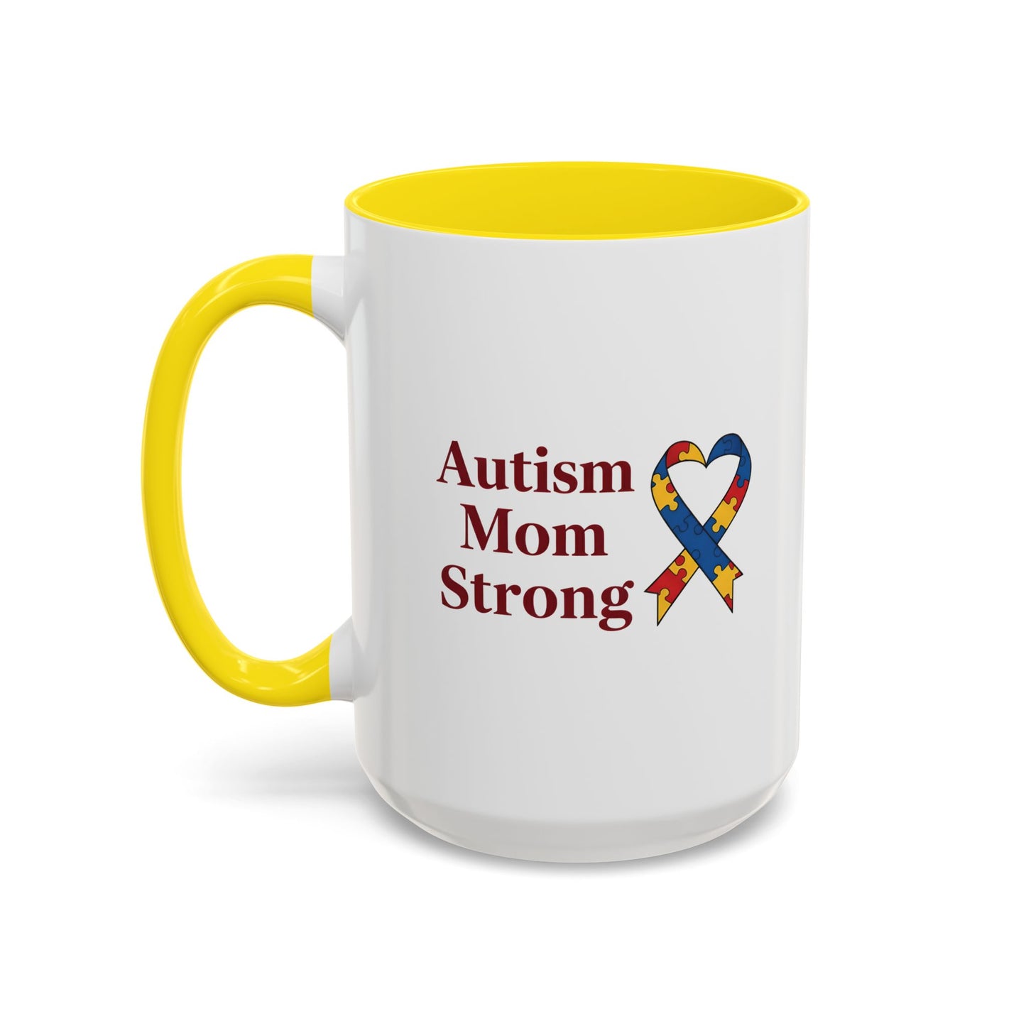 Autism Mom Strong mug | Accent Coffee Mug with Puzzle Ribbon