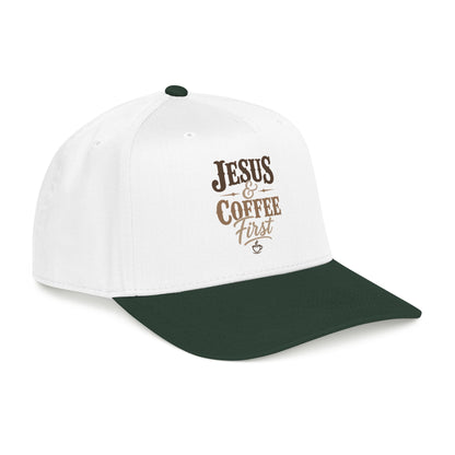 Jesus & Coffee First Mid Profile Baseball Cap | Christian Script Logo