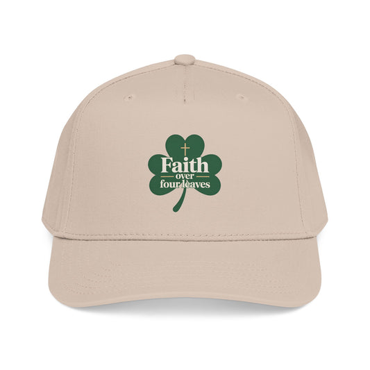 Faith Over Four Leaves Shamrock Mid Profile Baseball Cap | Religious St. Patrick's
