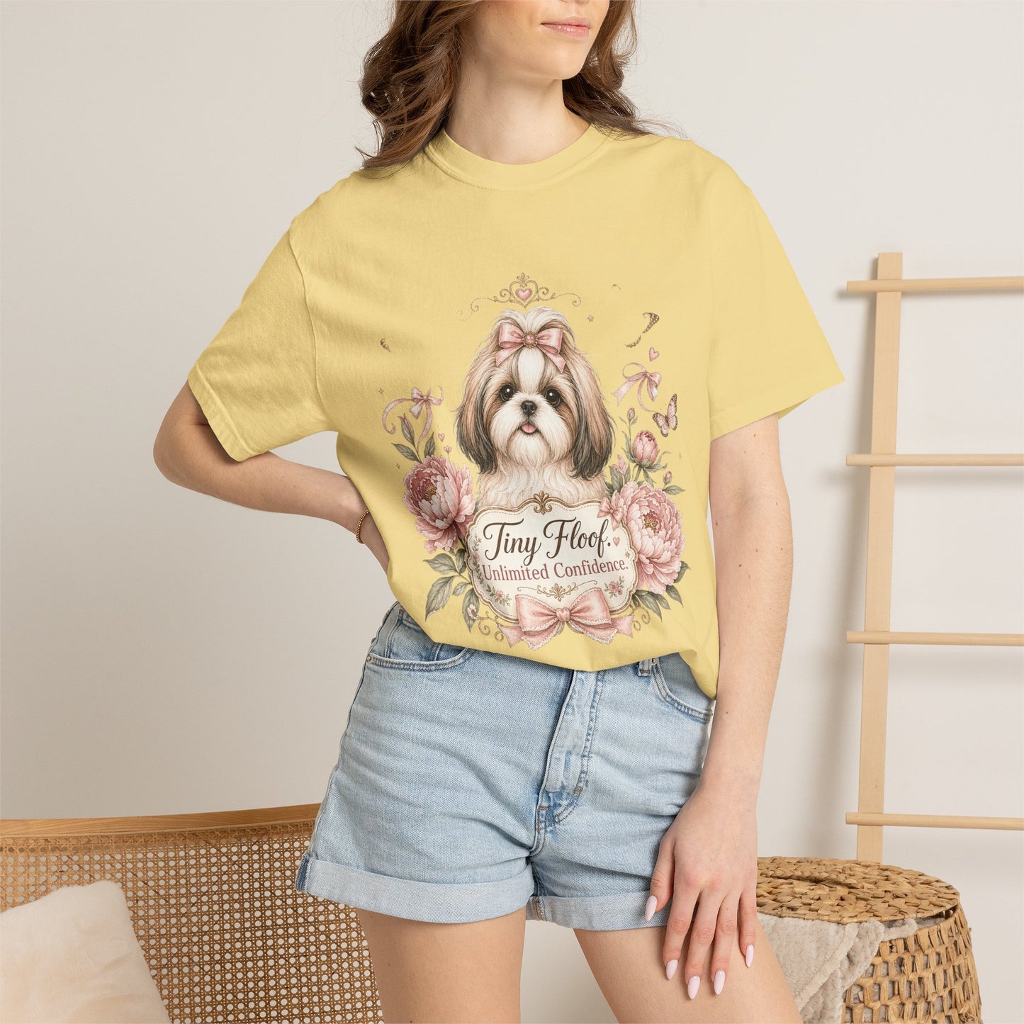Shih Tzu Floral Portrait T-Shirt | Tiny Floof Illustration, Pink Roses
