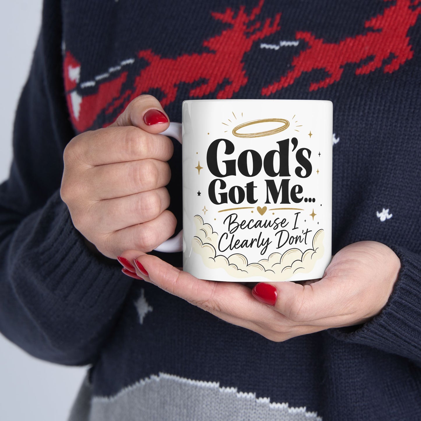 God's Got Me Mug | Religious Christian Coffee Cup with Halo & Clouds