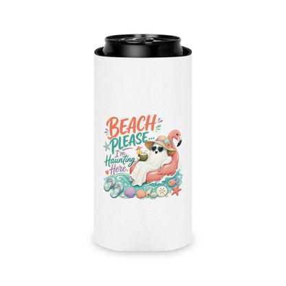 Beach Please Ghost Flamingo Can Cooler | Summer Beach Drink Sleeve