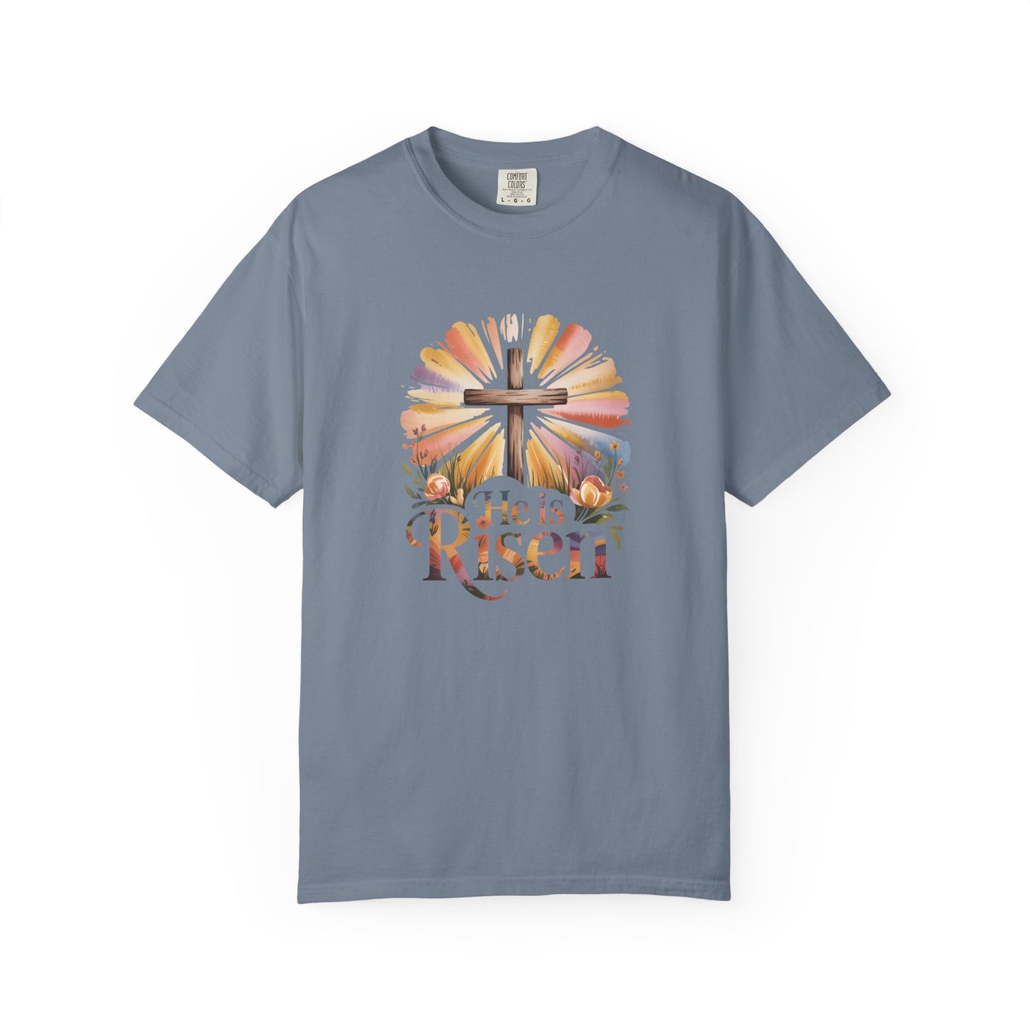 He Is Risen cross sunrise design T-Shirt | Easter faith floral