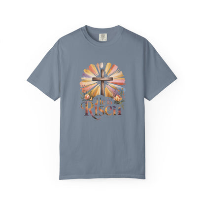He Is Risen cross sunrise design T-Shirt | Easter faith floral