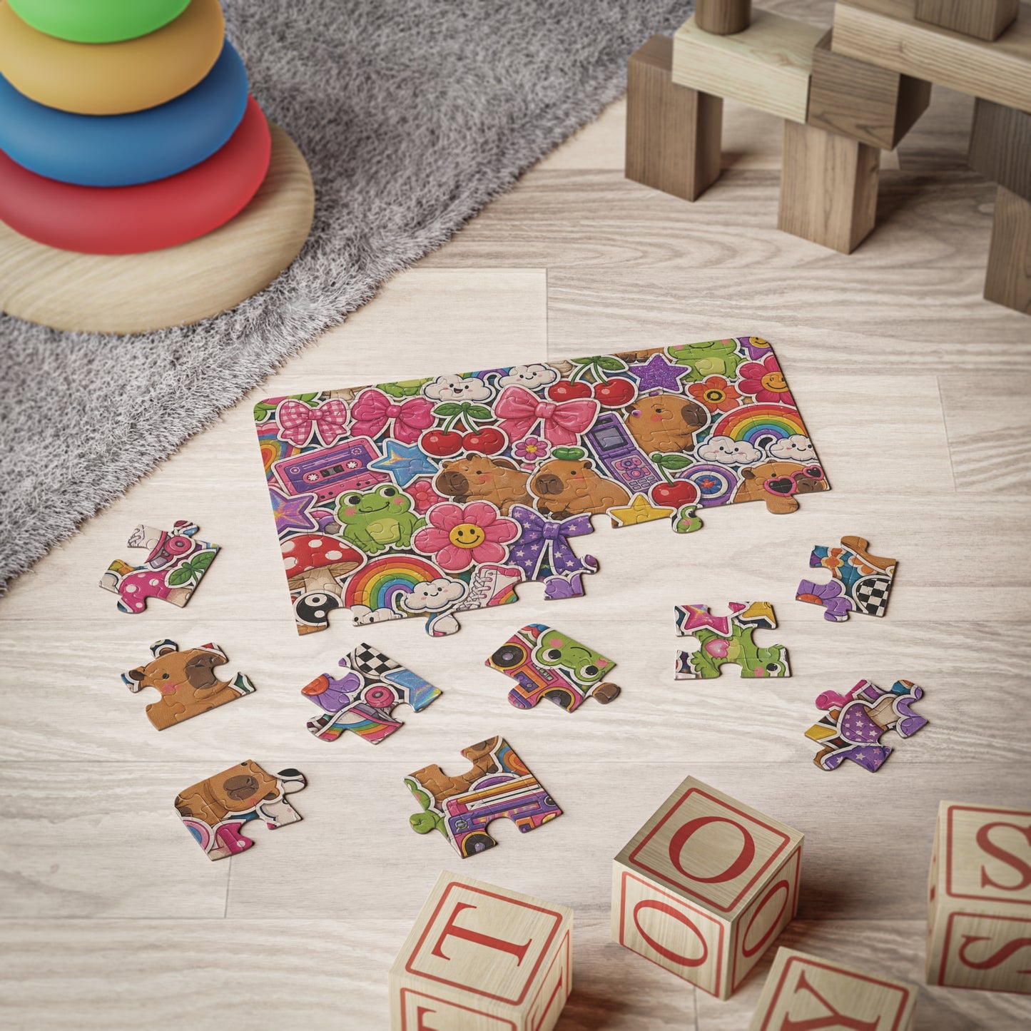 Retro Kawaii Sticker Bomb Kids' Puzzle 30-Piece | Colorful Animals, Rainbows