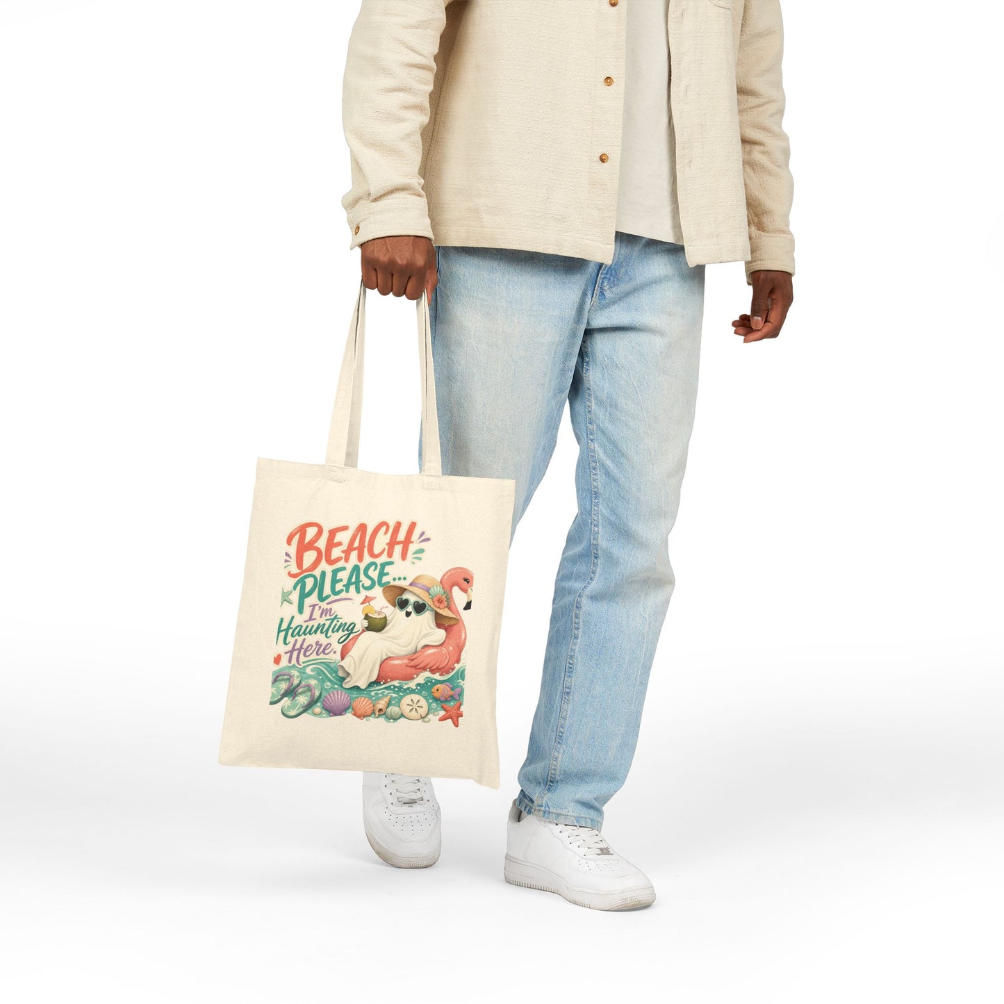 Beach Please Ghost Flamingo Tote Bag | Summer Beach Illustration, Personalized Option