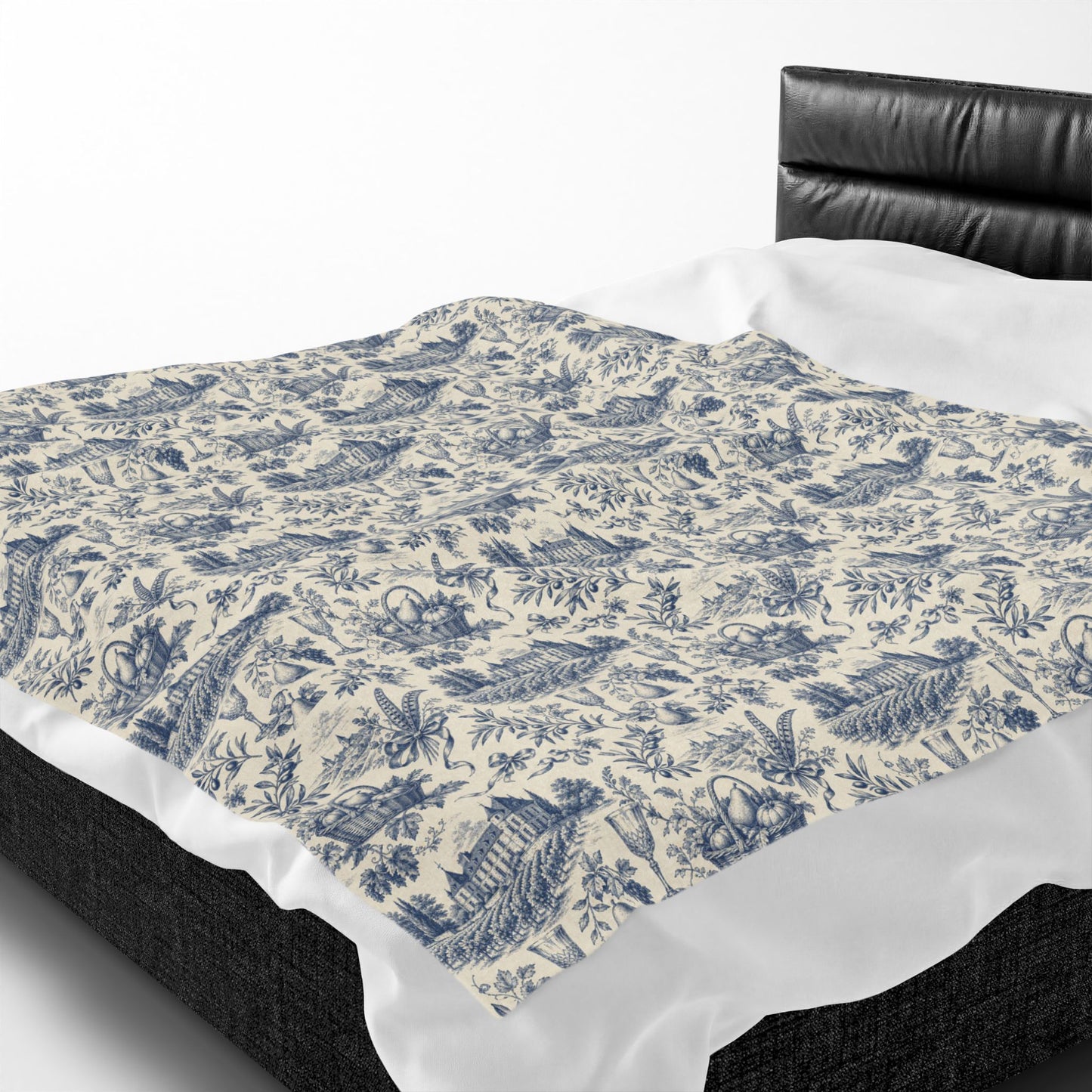 French Harvest Toile Landscape Velveteen Plush Blanket | Vintage Cottage Pattern