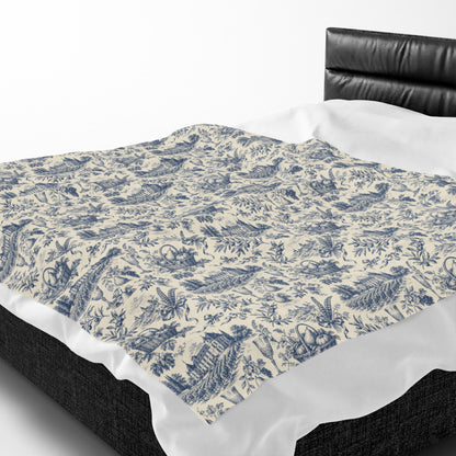 French Harvest Toile Landscape Velveteen Plush Blanket | Vintage Cottage Pattern