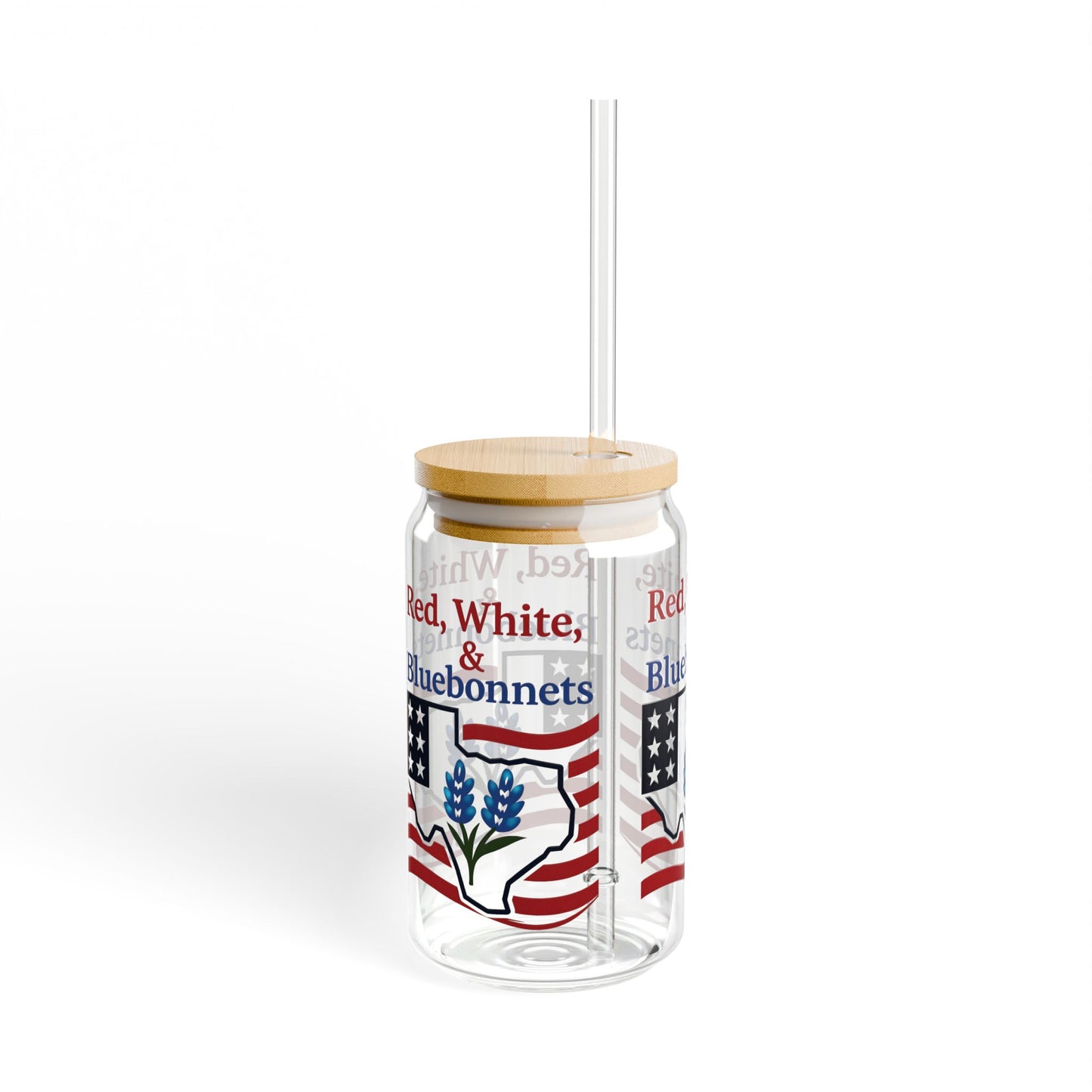 Sipper Glass, 16oz - Texas Theme Patriotic Bluebonnets, Texas Souvenir Cup, Lone Star State Gift, USA Flag Drinkware, America Independence