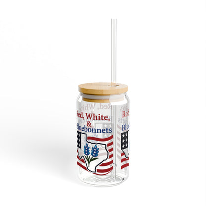 Sipper Glass, 16oz - Texas Theme Patriotic Bluebonnets, Texas Souvenir Cup, Lone Star State Gift, USA Flag Drinkware, America Independence