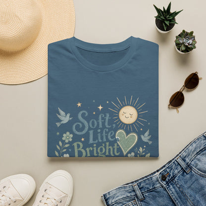 Soft Life Bright Heart T-Shirt | sun, doves, floral graphic
